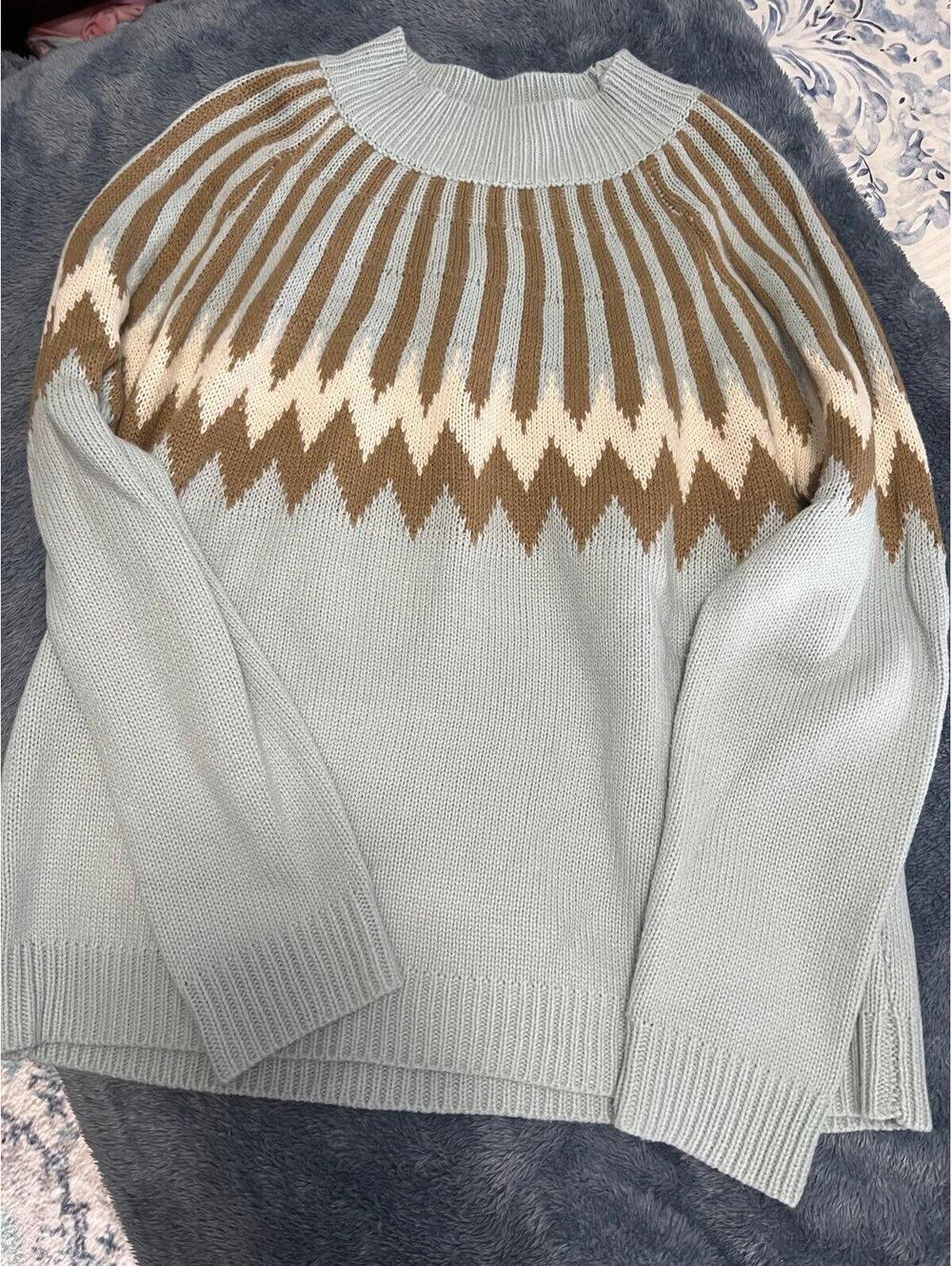 Light Blue and Brown Acrylic Knit Sweater
